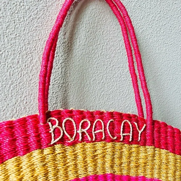 Bright Colorful Striped BORACAY Straw Zip Closure Boho Medium Tote Shoulder Bag - Picture 12 of 13